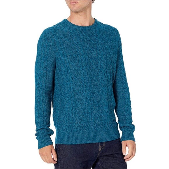 Goodthreads Men’s Size L Tall Blue Teal Long Sleeve Cable Knit Crewneck Sweater - Picture 2 of 9